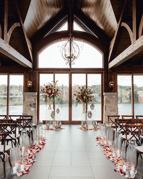 Gorgeous ceremony location overlooking the Grand River in Cambridge Ontario. Candle and flower pedal-lined aisle with statement floral arrangements. Cambridge Mill Wedding, Candle And Flower, Cambridge Mill, Flower Pedals, Cambridge Ontario, Romantic Wedding Ceremony, Mill Wedding, Golden Hour Photos, Wedding Aisle Decorations