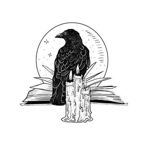 Crow Witch Art, Crow Book Tattoo, Cat And Crow Tattoo, Tattoo Ideas On White Background, Raven And Moon Tattoo, Crow Line Art, Raven Line Art, Witchy Drawings, Witchy Prints