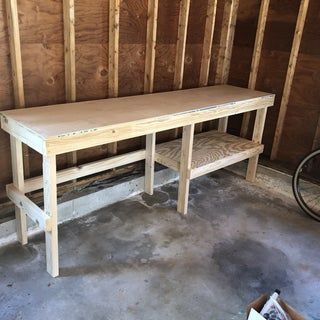 Garage Table Diy, Workbench Legs Ideas, Work Bench Top Ideas, Garage Workbench With Storage, Diy Shed Workbench, Small Garage Work Bench, Shed Bench Workbenches, Free Workbench Plans, Free Workbench Plans Diy