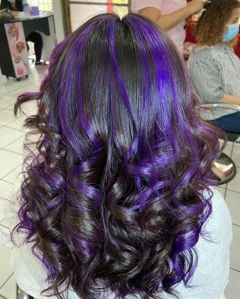 Purple Dye Hair Ideas, Brown Hair W Purple Highlights, Purple And Black Hair Curly, Cute Purple Hair Dye Ideas, Black And Purple Highlights Hair, Jade West Purple Hair, Purple Skunk Highlights, Black With Colored Highlights, Purple Blonde And Black Hair