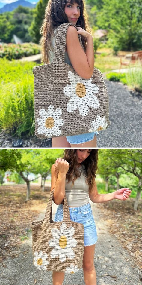 Woman showcasing a handmade tote bag with daisy flower design outdoors. Crochet Boho Bag Pattern, Crochet Bag Ideas, Boho Bag Pattern, Daisy Flower Design, Crochet Tote Pattern, Daisy Bags, Crochet Boho Bag, Handmade Tote Bag, Free Crochet Bag