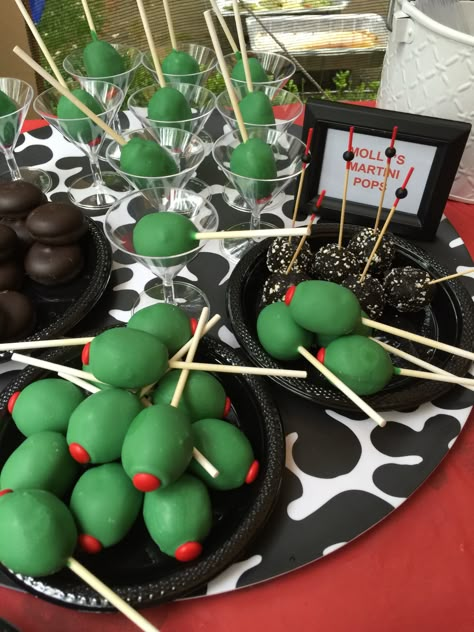 Olive Cake Pops, Tinis And Weinies, Tinis And Weenies Bachelorette, Tinis And Weinies Party, Dirty Martini Party Decor, Weenie And Martini Party, Martini Party Ideas Food, Cake Pops For Men, Martini Balloon Arch