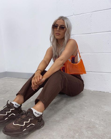 Hannah • Fashion | Style inspo on Instagram: “orange is my colour of SS21 🍊🧡 • • #orangestyle #ozweego #sheingals #isawitfirst #backlesstop #brownaesthetic #sagegreen #cutout…” Adidas Trainers Outfit, Trainer Outfits, Adidas Trainer, Ozweego Adidas, Trainers Outfit, Adidas Orange, Backless Top, Brown Aesthetic, Orange Fashion