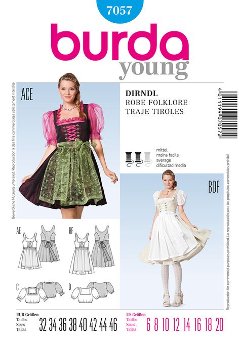 Purchase Burda 7057 Misses Costume Dresses and blouses and read its pattern reviews. Find other Dresses, Costumes, Junior,  sewing patterns. Dirndl Pattern, Bavarian Costume, Folklore Dress, Burda Sewing Patterns, Dirndl Blouse, Burda Patterns, Simplicity Dress, Costume Sewing Patterns, Dirndl Dress