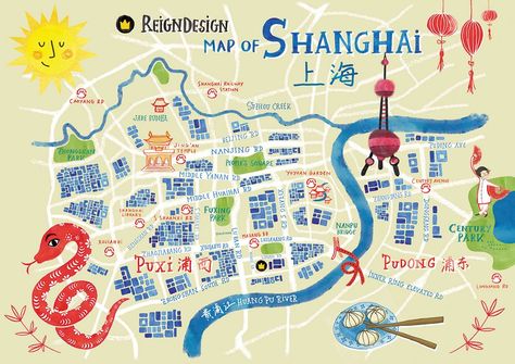 ReignDesign map of Shanghai China Poster, Shanghai Drawing, Map Of China, Shanghai Map, Shanghai China Travel, Shanghai Travel, Shanghai City, China Travel Guide, Travel Project