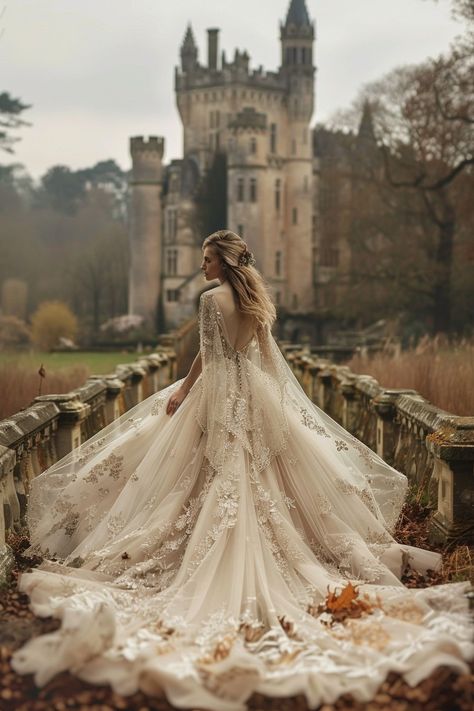 10 Fairytale Wedding Dress Inspirations To Fuel Your Dreams! Fairy Tell Wedding Dress, Irish Castle Wedding Dress, Once Upon A Time Wedding Dress, Megara Wedding Dress, Ophelia Wedding Dress, Lily James Cinderella Wedding Dress, Wedding Fairytale Dress, Wedding Dress Mystical, Wedding Dress Castle