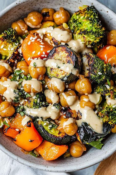 Vegan Roasted Chickpea & Veggie Bowl – Vegan Vitality Plant Based Hearty Meals, Quinoa Roasted Veggie Bowl, Garbanzo Bean Meals, Roasted Chickpeas Bowl, Chickpea Lunch Meal Prep, Roasted Veggie Glow Bowls, Healthy Clean Vegan Recipes, High Protein Diet Vegetarian, Roasted Vegetable And Chickpea Bowl