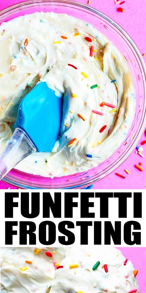 FUNFETTI FROSTING RECIPE- Quick and easy, homemade with simple ingredients. Smooth, creamy, fluffy and full of vanilla flavor and lots of colorful sprinkles. Great for spreading on birthday cakes and piping cupcakes too. Tastes even better than the Pillsbury version. From CakeWhiz. Funfetti Icing Recipe, Birthday Cake Icing Recipe, Funfetti Icing, Piping Cupcakes, Gooey Desserts, Funfetti Frosting, Buttercream Recipes, Oreo Frosting, Mouthwatering Desserts