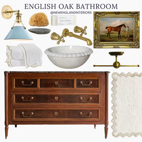 New England Interiors – English Oak Bathroom – Bath Mat, Equestrian Wall Art, Bath Essentials, Lighting, Sink, Commode, Towels. New England Bathroom, English Country Bathroom, New England Interiors, Historic Aesthetic, Colonial New England, New England Interior, Bathroom Cabinet Colors, New England Living, Farmhouse Cabinets