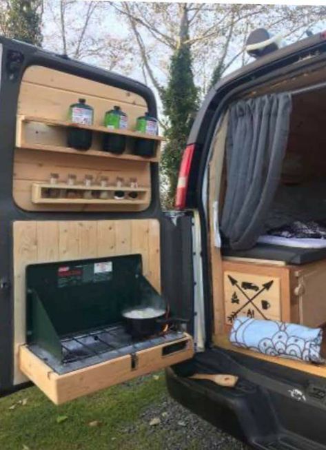 Van Life Kitchen Ideas, Converted Vans Layout, Day Van Ideas, Mini Van Conversion Minivan Camping, T5 Camper Conversion, Simple Camper Van, Vivaro Camper Conversion, Troopy Camper, T4 Camper Interior Ideas