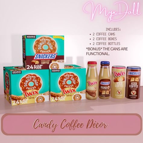 MyxDoll Candy Coffee Décor Set | Patreon Sims 4 Patreon, Coffee Box, Love Coffee, Sims 4 Cc, Coffee Set, Coffee Bottle, The Coffee, I Love It, Sims 4