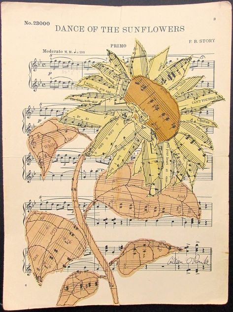 Sheet Music Collage Art, Sheet Music Painting, Sheet Music Collage, Sunflower Collage, Sheet Music Artwork, Sheet Music Flowers, Hymnal Crafts, Agenda Vintage, Sunflower Festival