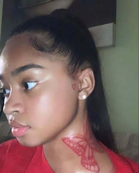 Small Face Tattoos, Butterfly Neck Tattoo, Small Neck Tattoos, Face Tattoos For Women, Red Heart Tattoos, Girl Neck Tattoos, Small Heart Tattoos, Cute Hand Tattoos, Neck Tattoos Women