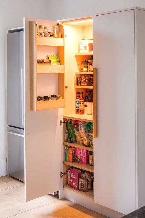 Charcoal kitchen with double larder in wevet Japanese Inspired Kitchen, Mothers Daughter, Charcoal Kitchen, Pantry Inspiration, Double Kitchen, Kitchen Larder, Cosy Kitchen, Pale White, Natural Kitchen