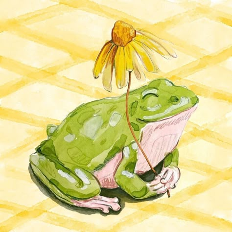 Happy Frog Drawing, Cute Frogs Art, Cute Frog Painting, Watercolor Bugs, Frogs In Love, Frog Painting, Happy Frog, Cottage Core Art, Frog Illustration