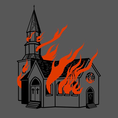 Building On Fire Tattoo, Burning House Illustration, Flame Illustration Design, Burning Building Drawing, Burning Church Drawing, Satanic Illustration, Burning House Tattoo, Burning Church Tattoo Design, Burn Illustration