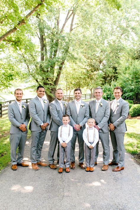 Groomsmen in Gray  Allison Jr Groomsmen Outfit, Groomsmen Pastel Attire, Gray Groomsmen Attire, Gray And Pink Groomsmen Attire, Light Grey Suits Wedding, Pastel Ties Groomsmen, Blush Groomsmen, Pink Bridesmaid Grey Groomsmen, Light Pink Bridesmaids Grey Groomsmen