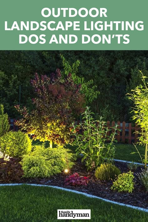 Outdoor Landscape Lighting Dos and Don'ts Outside Garden Lighting Ideas, Outdoor Lawn Lighting Ideas, Outdoor Plant Lighting Ideas, Gardening Lighting Ideas, Plant Lighting Outdoor, Exterior Lighting Ideas Backyard, Outdoor Front Yard Lighting Ideas, Backyard Landscaping Lights, Yard Light Ideas