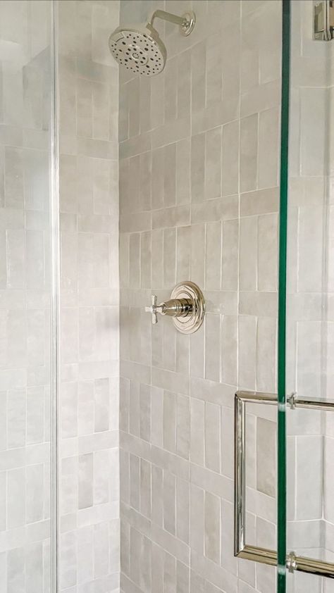 Artisanal Tiles Bathroom, Square Shower Tile Ideas, White Textured Tile Shower Ideas, Msi Tile Bathroom, Master Shower Vertical Tile, Neutral Bathroom With Chrome, Magnolia Master Bath, Transitional Bathroom Shower Tile, Vertical Subway Tile Shower Ideas Wall