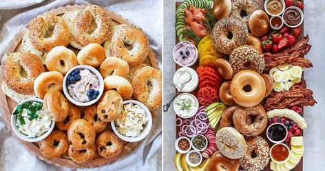 Bagel Catering Display, Brunch Bagel Charcuterie Board Ideas, Bagel Board Display, Mini Bagel Bar, Bagel Display Brunch Ideas, Bagel Board Ideas, Bagel Board Brunch, Bagel Charcuterie Board Ideas, Bagel Charcuterie Board