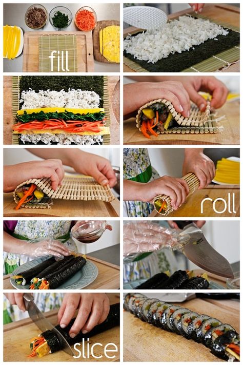 Beef Kimbap, Kimbap Recipe, Painted Steps, Resep Sushi, Koreansk Mad, Snack Meals, Korean Food Recipes, Colorful Photos, Korean Cooking