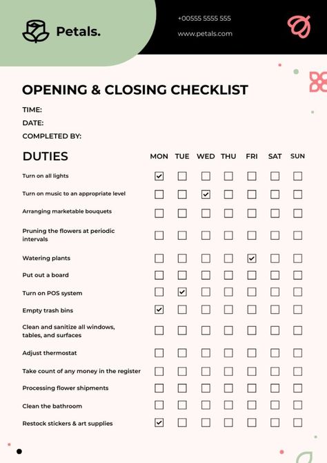 Geometric Petals Florists Opening And Closing Checklist Closing Checklist, Flower Shop Design, Gratitude Journal Prompts, Open Shop, Checklist Template, Work Ideas, Gratitude Journal, Journal Prompts, Free Graphic Design