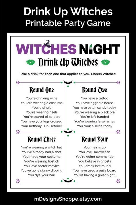 Witches Night Drink Up Witches drinking game with a purple and black heading - the letter C is wearing a witches hat and the I in night in a green lipstick in a black case. The name of the game has a green lipstick mark on either side. Girls Night Drinking Games, Halloween Girls Night, Games For Big Groups, Halloween Drinking Games, Adult Halloween Party Games, Ladies Night Games, Halloween Party Girls, Witches Party, Girls Night Drinks