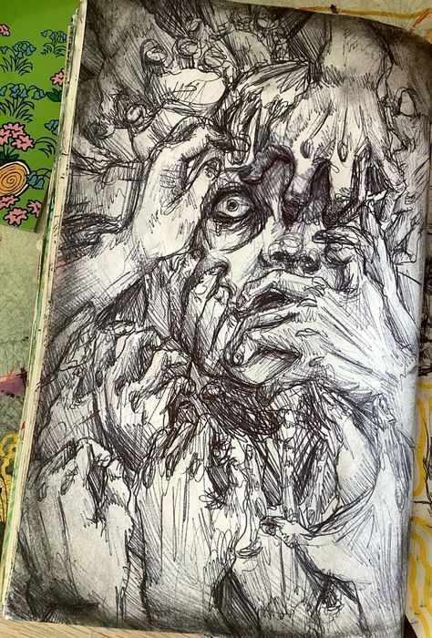 Sketchbook Art Inspiration Halloween, Rotting Drawing, Jealousy Drawing, Theater Sketch, Surrealism Drawing, Trash Art, Art Tools Drawing, Sketchbook Art Journal, Dark Art Drawings