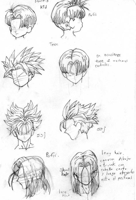 desglosando el cabello de trunks Dbz Hair Reference, Dragon Ball Hair Drawing, Trunks Hairstyle, Dragon Ball Hair, Trunks Drawing, Dbz Drawings, Some Drawings, Ball Drawing, Future Trunks