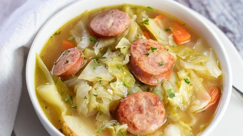 Cabbage Soup with Kielbasa (Tasty Polish Sausage Soup With Potatoes) Cabbage And Sausage Soup, Sausage And Cabbage Soup, Low Carb Sausage, Sausage And Cabbage, Sausage Cabbage, Kielbasa Soup, Kielbasa And Cabbage, Sausage Soup Recipes, Canned Potatoes