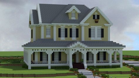 Front Minecraft House Front Ideas, Minecraft Southern House, Minecraft Wrap Around Porch, Modern Farmhouse Minecraft, Minecraft Traditional House, Victorian Homes Minecraft, Minecraft House Plans Layout, Vintage Minecraft House, White Minecraft House