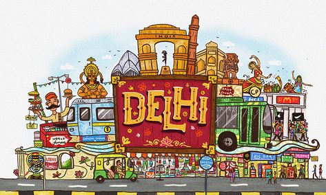 Delhi City Illustrtion on Behance Delhi Tourism, Delhi City, India Poster, Indian Illustration, Drawing Competition, City Icon, Poster Drawing, City Illustration, Indian Art Paintings