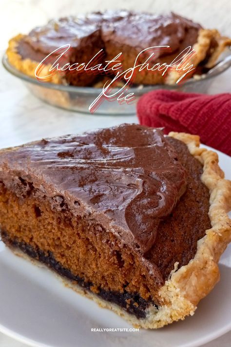 Slice of chocolate shoofly pie Amish Chocolate Pie, Shoofly Pie Recipe, Amish Pie, Chocolate Cake With Chocolate Frosting, Shoofly Pie, Flaky Pie Crust Recipe, Cake With Chocolate Frosting, Custard Pie Recipe, Apple Pie Recipe Easy