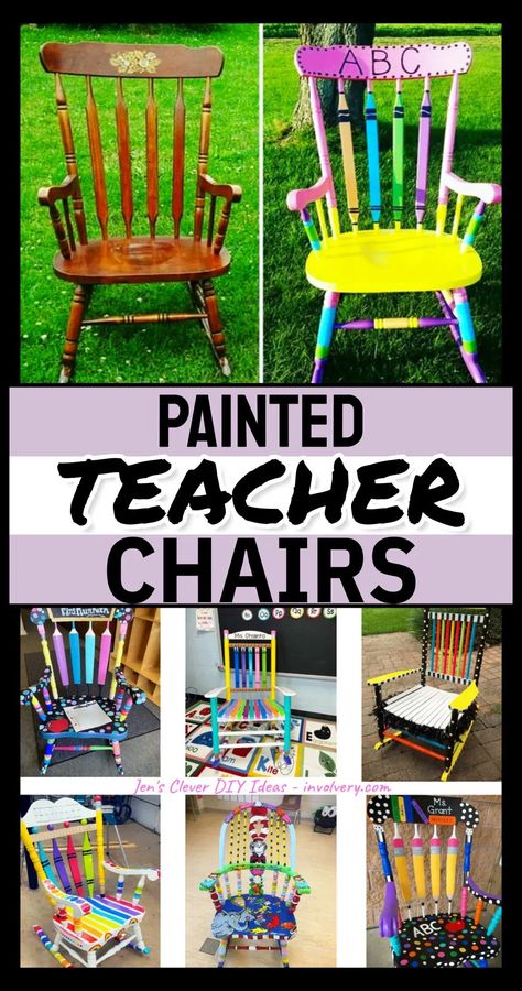 Crayola Rocking Chair, How To Refurbish A Chair, Pencil Rocking Chair, Old School Chairs Ideas, Diy Classroom Chairs, Teacher Furniture Ideas, Reading Chair Classroom, Paint Bench Ideas, Painting Rocking Chairs Diy Wood