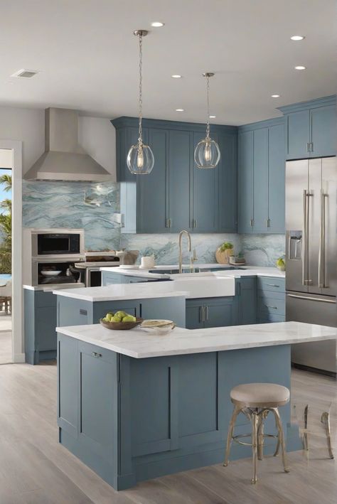 Dive into a soothing seascape with coastal decor. SW's Blue Waves paint hue for a beachy kitchen, bringing the serene beauty of the ocean indoors. #Ad #homedecor #homedesign #kitchen #Painthome interiorarchitecture best Wall Colors for kitchen Colors Bright Room Colors best colors combinations 2024 Home Remodeling Modern Paint Colors Ocean Blue Kitchen Cabinets, Coastal Kitchen Paint Colors, Beach Kitchen Ideas Coastal Colors, Kitchen Paint Schemes, Kitchen Colors Schemes, Beach Kitchen Ideas, Beachy Kitchen, Bright Room Colors, Best Wall Paint