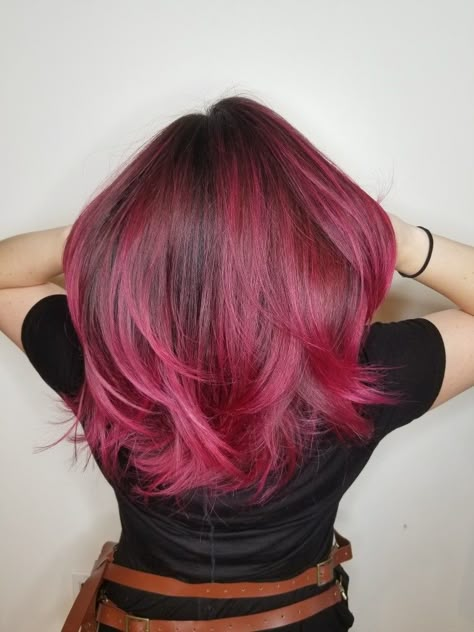 Joico colour intensity. Pink hair.  Dark root Magenta Hair Dark Roots, Dark Muted Pink Hair, Dark Roots Pink Hair Balayage, Pink Hair Dark Roots, Y2k Hair Ideas, Pink Hair Dark, Ruby Roundhouse, Hair For Fall, Pink Hair Highlights