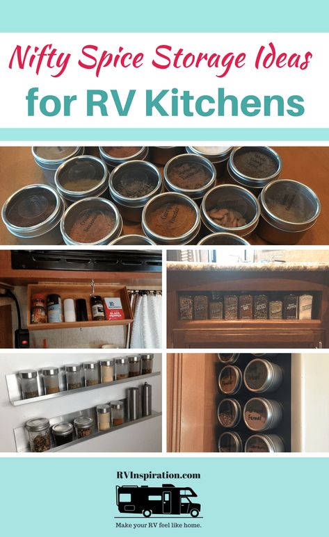 Spice storage ideas to help you organize your #RV kitchen: magnetic, adhesive, racks, caddies, and more! #rvlife #camper #motorhome #traveltrailer Van Life Spice Storage, Camping Spices Storage, Rv Spice Rack Ideas, Rv Spice Storage Ideas, Camper Spice Rack Ideas, Rv Outdoor Kitchen Organization, Rv Cabinet Organizer, Kitchen Cabinet Door Storage Spice Racks, Art Supply Box