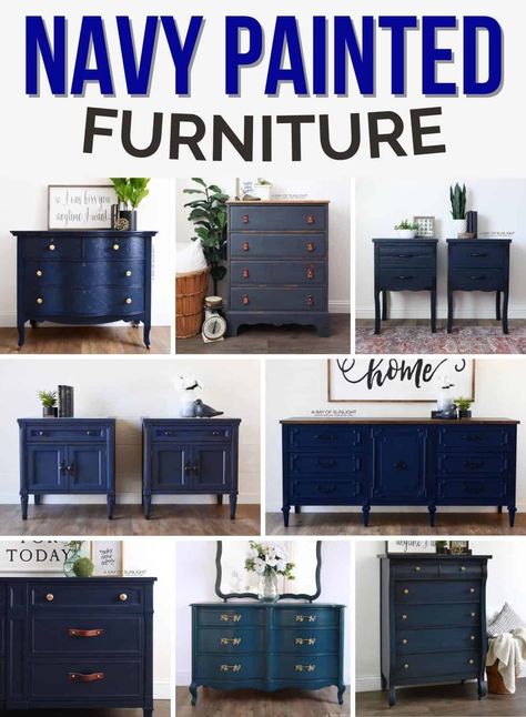 Strikingly bold navy painted furniture is trending in the DIY home décor scene, making any room stand out with its sleek and modern look. Whether you’re looking for beautiful blues or calming neutrals – painting furniture navy can add a perfect touch of character to your home. Navy Painted Furniture, Navy Blue Dresser, Navy Blue Furniture, Blue Furniture Living Room, Navy Furniture, Blue Bedroom Furniture, Painted Furniture Ideas, Blue Nightstands, Navy Blue Paint