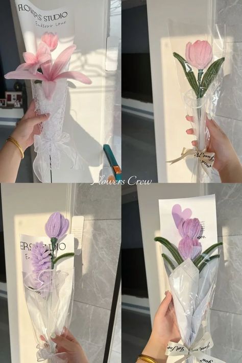 Small faux floral bouquets in pink and purple (lily, tulip, lavender) Handbag Bouquet, Poppy Flower Bouquet, Diy Rose Bouquet, Clean Flowers, Candy Bouquet Diy, Piping Flowers, Diy Bouquet Wrap, Handmade Pipe, Purple Lily