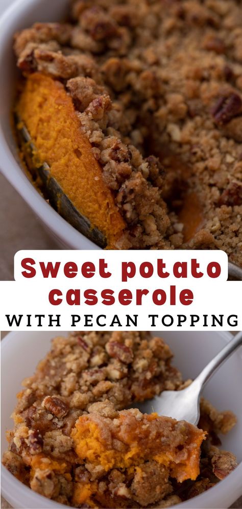 This sweet potato casserole with pecans is guaranteed to be a big hit at your next Thanksgiving dinner table. It is creamy, sweet, and has the most delicious crunchy and spiced pecan streusel topping. Follow along with this easy recipe to find out how to create your new family-favorite casserole dish! Easy Sweet Potato Casserole With Pecans, Sweet Potatoe Casserole Recipes Using Canned Sweet Potatoes, Quick Sweet Potato Casserole, Easy Sweet Potatoe Casserole With Pecans, Sweet Potato Casserole For A Crowd, Small Sweet Potato Casserole For 4, Sweet Potato Casserole 9x13, Pecan Topped Sweet Potato Casserole, Sweet Potato Pecan Topping