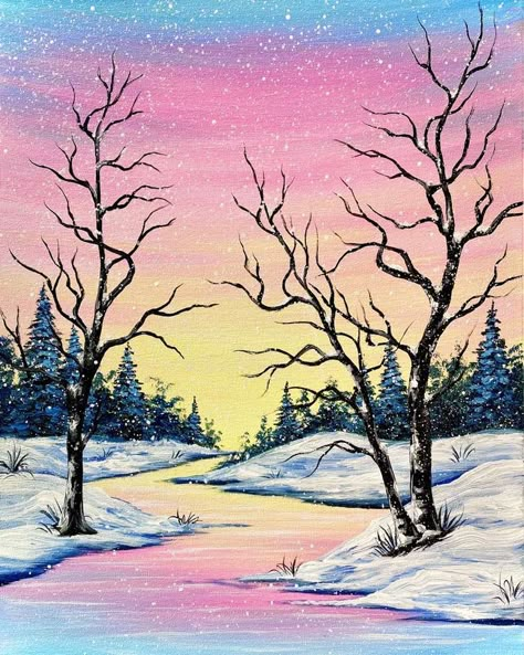 Paint the colors of winter with us! Frozen Props, Frozen Painting, Winter Scene Paintings, Easy Landscape Paintings, Painting Parties, Landscape Painting Tutorial, Winter Art Projects, Winter Landscapes, Winter Landscape Painting