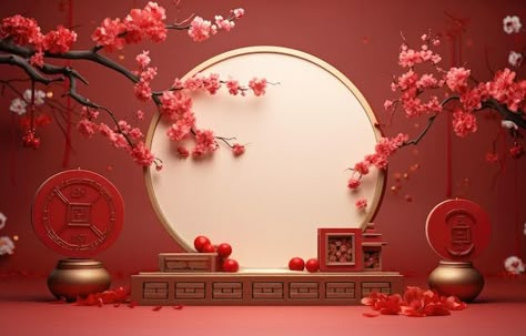 Premium Photo | Chinese New Year Celebration photo studio backdrop with traditional decorations lanterns and symbols of prosperity Chinese Lantern Background, Chinese New Year Backdrop, Round Stage, Cny Decoration, Photo Studio Backdrop, Chinese New Year Celebration, New Year Backdrop, Event Agency, Powder Bathroom