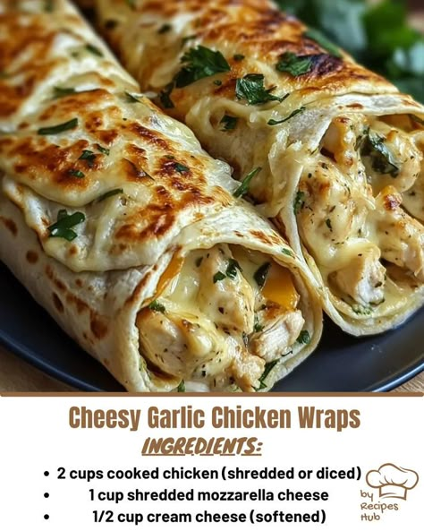 Cheesy Garlic Chicken Wraps Weight Watchers Sandwiches, Tortilla Hacks, Chicken Tortilla Wraps, Shrimp Quesadilla, Cheesy Garlic Chicken, Chicken Breast Casserole Recipes, Chicken Breast Casserole, Grilled Chicken Wraps, Chicken Chimichangas