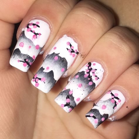 Easy Sakura nails🌸😁 Nails Cherry Blossom, Sakura Nails, Cherry Blossom Nails Art, Nails Cherry, Chunky Glitter Nails, Blossom Nails, Kawaii Nail Art, Cherry Blossom Nails, Crazy Nail Art