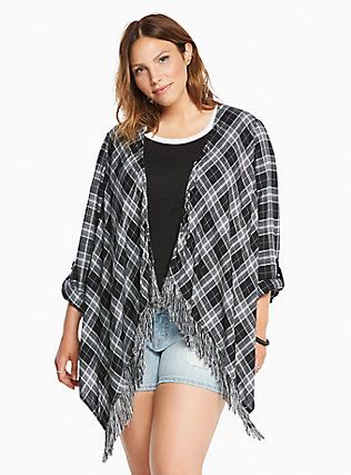 Plaid Fringe Kimono, BLACK-WHITE Ceremonial Clothing, Rocker Chick, Plus Size Kimono, Fringe Kimono, Shoes For Leggings, Black And White Plaid, Rocker Chic, Fringe Trim, White Plaid