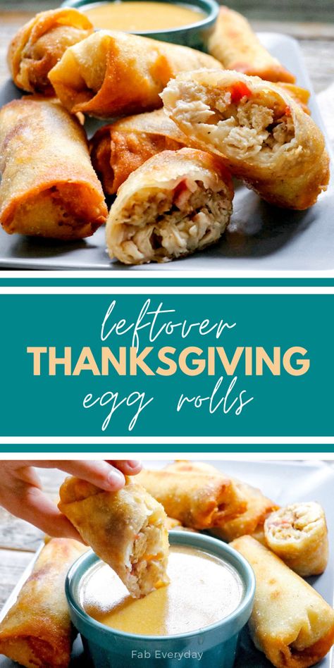 Leftover Thanksgiving Egg Rolls - Fab Everyday Thanksgiving Leftover Croissant, Leftover Thanksgiving Egg Rolls, Egg Roll Thanksgiving Leftovers, Leftover Turkey Egg Rolls, Thanksgiving Leftover Egg Rolls, Thanksgiving Egg Rolls, Turkey Egg Rolls, Leftover Thanksgiving Recipes, Recipes Using Egg Roll Wrappers