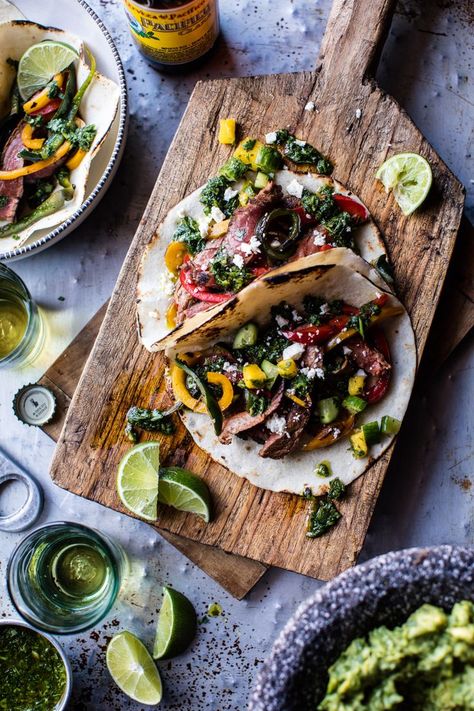 Steak Fajitas with Chimichurri and Cucumber Salsa | halfbakedharvest.com @Half Baked Harvest Chimichurri Steak, Fun Foods To Make, Half Baked Harvest Recipes, Cucumber Salsa, Steak Tacos, Harvest Recipes, Steak Fajitas, Half Baked, Half Baked Harvest