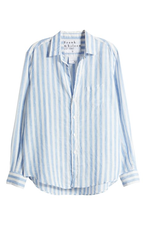 This breezy button-up shirt has a relaxed fit that makes it easy to tuck, tie or toss over other pieces. Front button closure Spread collar Long sleeves with button cuffs Chest patch pocket 100% linen or 100% cotton Machine wash, line dry or tumble dry Made in Italy Linen Button Up, Blue And White Shirt Outfit, Blue Button Down Shirt Outfit, A Line Shirt, Stripe Shirts, Striped Clothing, Blue Button Down Shirt, Button Ups, Striped Linen Shirt