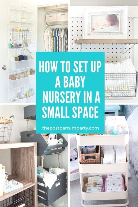 How to Set Up A Baby Nursery in A Small Space - Get nursery organization ideas for creating a nursery in a small space. You can use storage hacks and layout tips to create a beautiful layout, even in a tiny space. Whether you live in a tiny house or are sharing the master bedroom with your baby, get ideas for your small nursery. #smallnursery Postpartum Party, Nursery Organization Diy, Small Space Baby, Nursery Organization Ideas, Small Baby Room, Small Space Nursery, Baby Nursery Diy, Small Nursery, Baby Nursery Room