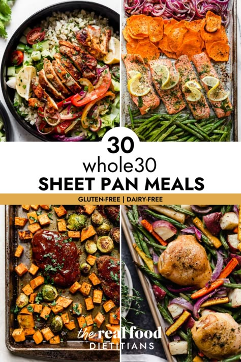 Whole30 Sheet Pan Recipes, Paleo Dinner Sheet Pan, Dairy Free One Pan Meals, Cheap Easy Whole 30 Meals, Sheet Pan Dinners No Carb, The Real Food Dieticians, Paleo One Sheet Pan Meals, Easy Paleo Sheet Pan Dinners, Whole 30 Sheet Pan Meals